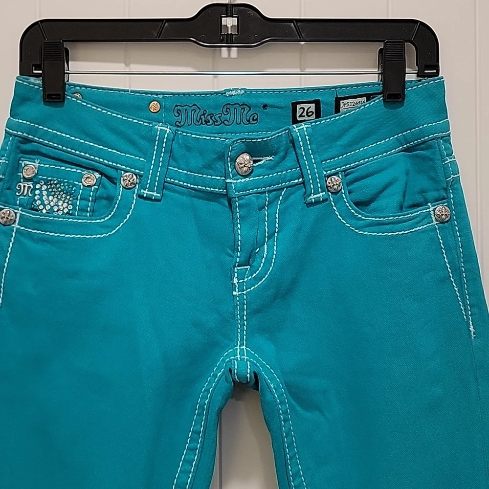 Miss Me Teal Skinny Low Rise Jeans Size 26 - Picture 2 of 11